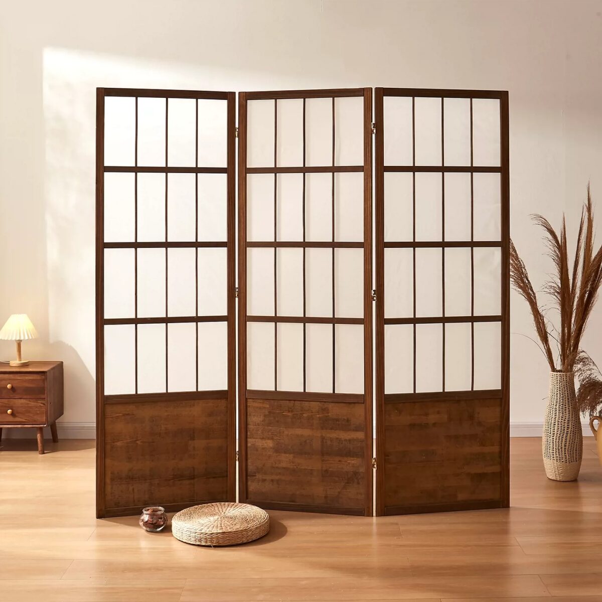 Japanese room divider with traditional Shoji style frame creating a stylish privacy solution for Japanese inspired interiors